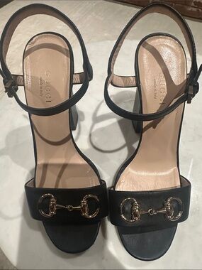 Gucci Black Leather Horsebit Block Heel Sandals with Gold Hardware